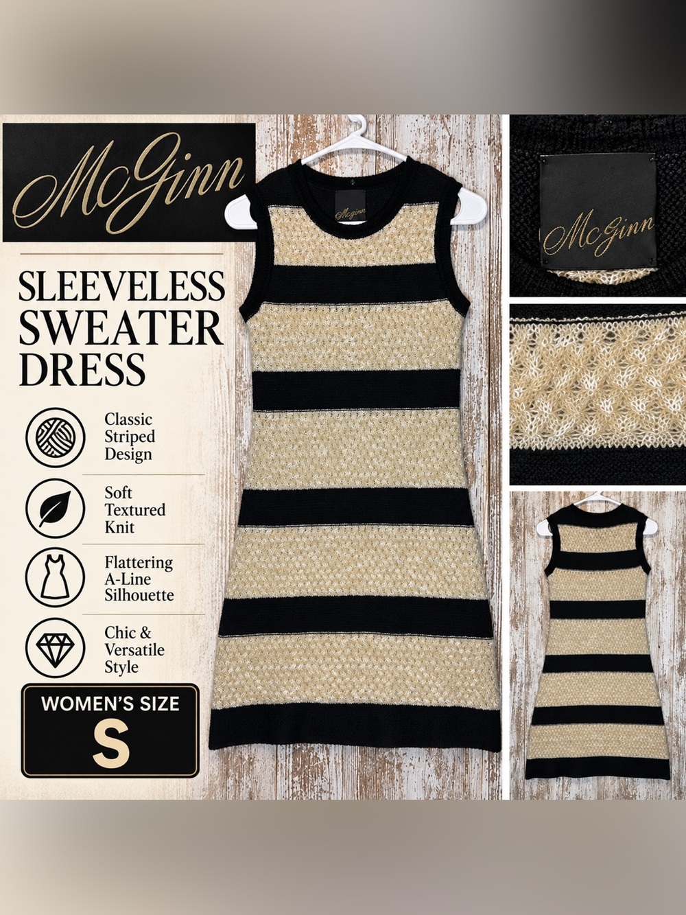 McGinn Sleeveless Striped Sweater Dress Women’s Size S Black Beige Knit
